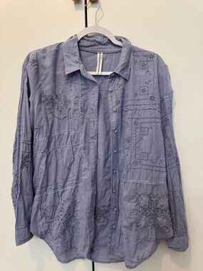 Anthropologie Periwinkle Pom-Trim Button-Up Top